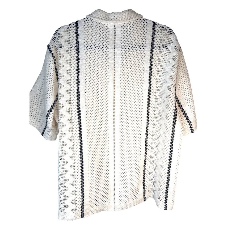 2/$30 Zara Mens XL Open Knit Button-Down Shirt Off White & Black Striped Unisex - Picture 9 of 13